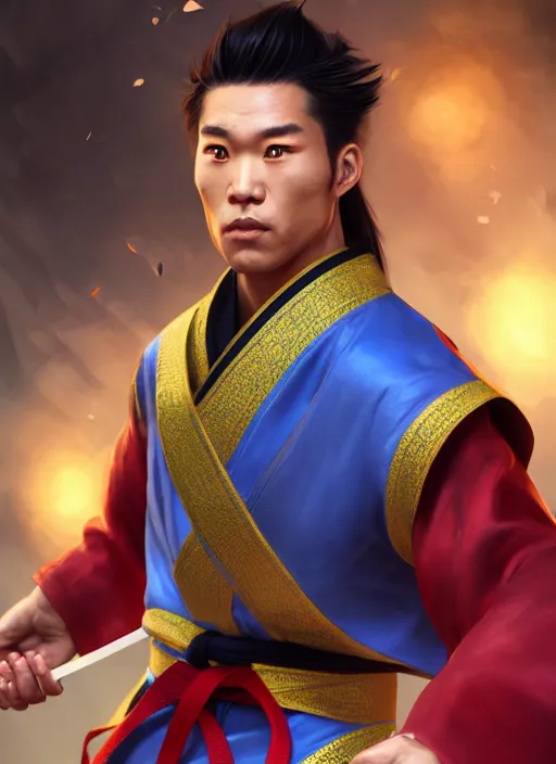 Prompt: male martial artist with a high ponytail, holding a sabre!!! asian facial features and blue eyes!! intricate ornate blue robes!! character concept art, sharp focus, octane render! unreal engine 5! highly rendered!! trending on artstation!! detailed linework!! illustration by artgerm, wlop, and chie yoshii