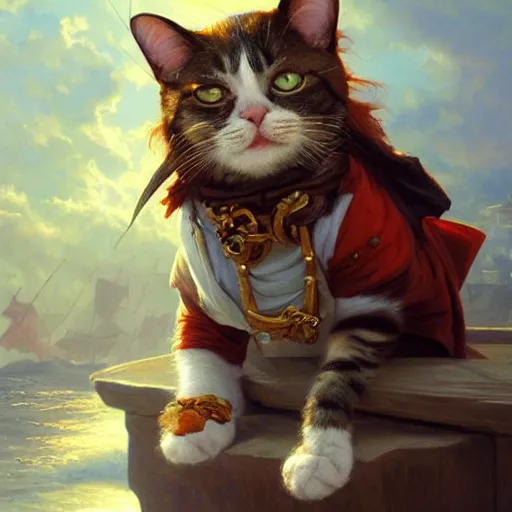 Image similar to Portrait of a Cat as a Pirate, photo, highly detailed oil painting, photorealistic, highly detailed, digital painting, artstation, concept art, smooth, sharp focus, illustration, art by artgerm and greg rutkowski and alphonse mucha