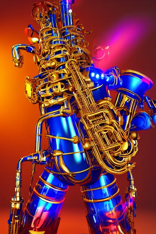 Prompt: portrait photo of a giant huge golden and blue metal humanoid steampunk robot saxophone player with multicolored big gears and tubes, a golden saxophone, eyes are glowing red lightbulbs, shiny crisp finish, 3 d render, 8 k, insaneley detailed, fluorescent colors, background is multicolored lasershow