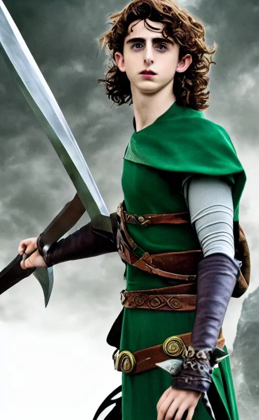 Image similar to epic cinemati shot of Timothee Chalamet starring as Link from Legend of Zelda, 8k movie scene, elf ears, long blonde blonde hair, green clothes, blue eyes, ++++++ super super super dynamic action posing, super serious facial expression, holding a sword & shield, ocarina of time movie, concept photos, dynamic lighting, dynamic shaders, night time, in the forest, fairy light above him