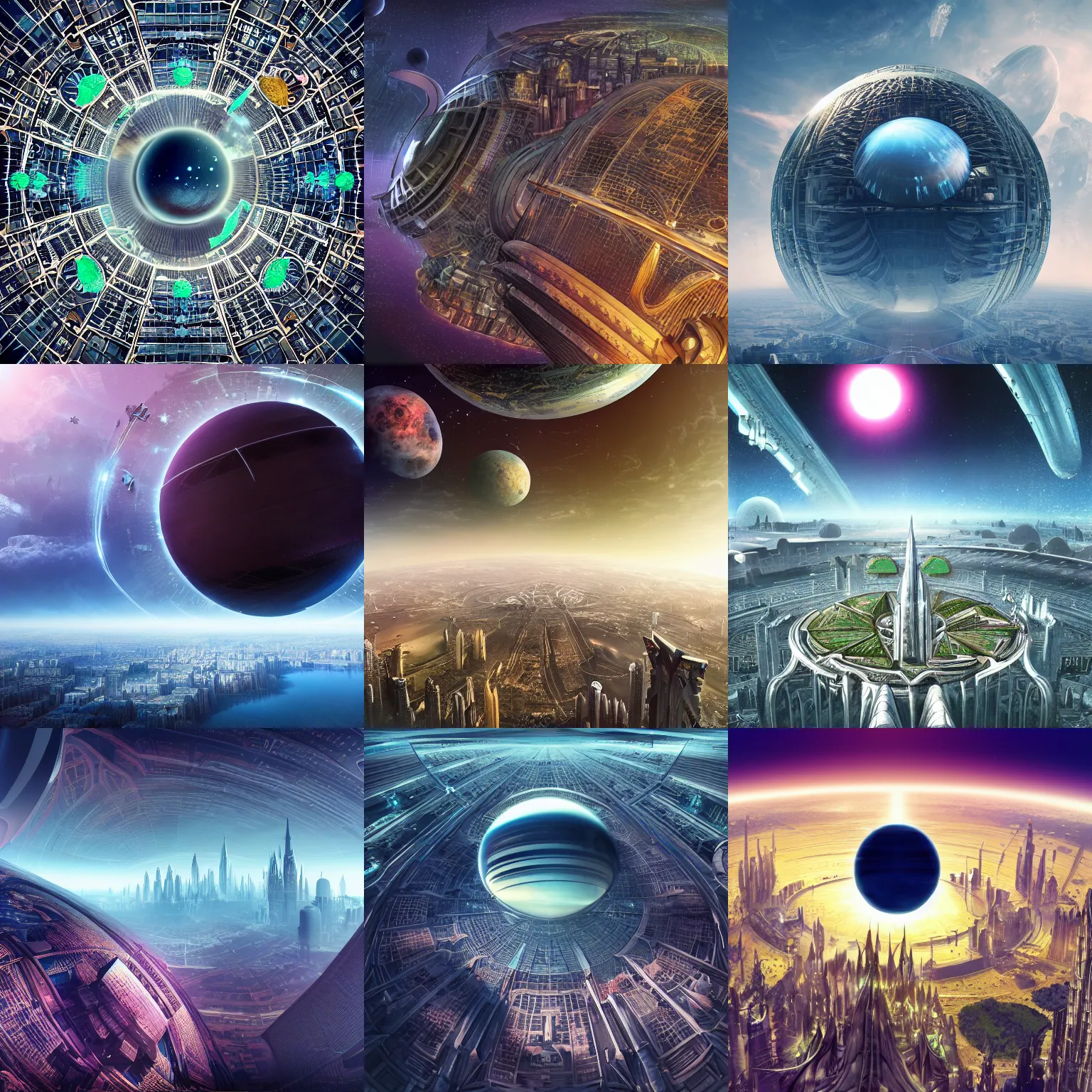 Prompt: orbital perspective of a utopian futuristic planet with a huge gargantuan building and city megastructure big enough to protrude from the planet atmosphere, epic, vast, gothic, space scene, beautiful, crystals, colorful, dark, rich, intricate detail, realistic, epic, gargantuan