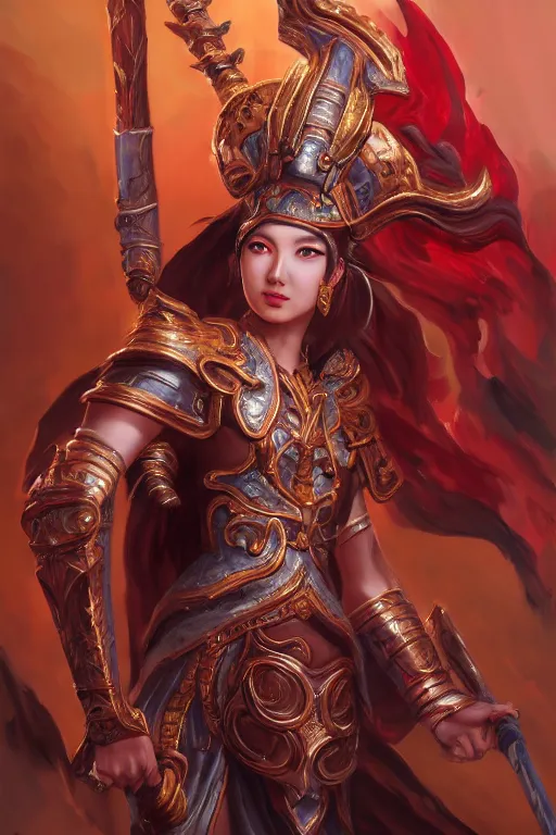 Image similar to a masterpiece portrait of nezha, legendary slim male god holding spear and red armor, bomb, fantasy character portrait, hyper detailed, digital painting, 8 k realistic, trending on artstation, sharp focus, dof, by fenghua zhong, artgerm, ne zha from smite, tsuyoshi nagano, flame everywhere