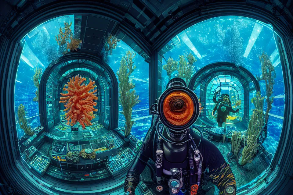 Image similar to detailed portrait of a cyberpunk scuba diver inside a dmt portal, cinematic lighting, corals, big mirrors, stacked computer screens, science lab, fish eye lens, wide angle, memory hole, 8 k high resolution, by james r eads and tomasz alen kopera