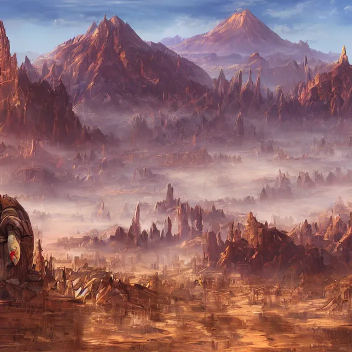 Image similar to large densely packed western style city in the middle of a sandy flat desert with a single mountain on the very distant horizon. magic the gathering art, digital media