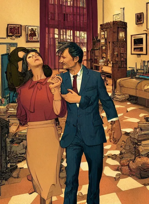 Prompt: portrait of Mads Mikkelsen!!!!! and Hugh Dancy!!!! holding hands romantically as they chaperone school dance by Michael Whelan, Bob Larkin and Tomer Hanuka, simple illustration, domestic, nostalgic, clean, full of details, by thomas kinkade, Matte painting, trending on artstation and unreal engine, New Yorker magazine cover