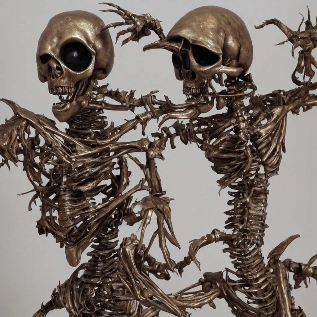 Prompt: a realistic metal sculpture of an alien skelleton, super detailed