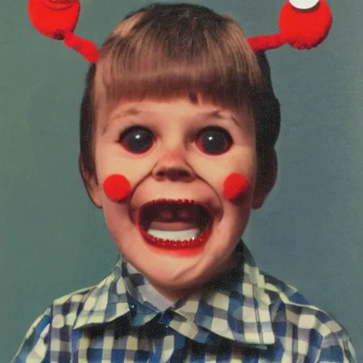 Image similar to creepy 70s style school portrait, googly eyes, teeth, dusty photo from the 70s