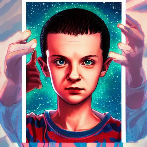 Image similar to eleven from stranger things, nighttime, outdoors, intricate, highly detailed, digital painting, artstation, official media, anime key visual, concept art, ambient lighting, sharp focus, 1980's anime style, art by Artgerm, Makoto Shinkai, Ilya Kuvshinov, Lois Van Baarle, and Rossdraws