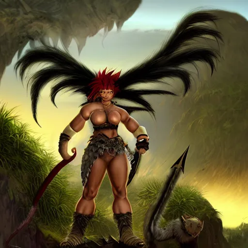 Image similar to barbarian warrior woman with chimera cat tail, cat tail, furry tail, barbarian pelt, cavewoman, black hair, electrified hair, wild spiky black saiyan hair, surrounded by electrical aura, prowling around primeval jungle, palm trees, rocks, mountains, red sky, hyperdetailed, ultra high definition, realism, 4 k, frank frazetta