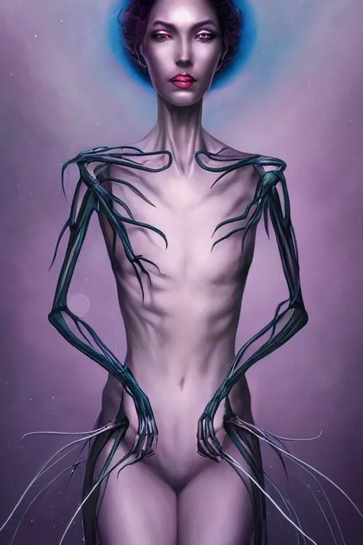 Image similar to portrait of an elegant alien spider queen, long legs, many legs, spindly legs, full body character concept art, by artgerm, tom bagshaw, gerald brom, vaporwave colors, lo - fi colors, vaporwave, lo - fi, 4 k, hd,