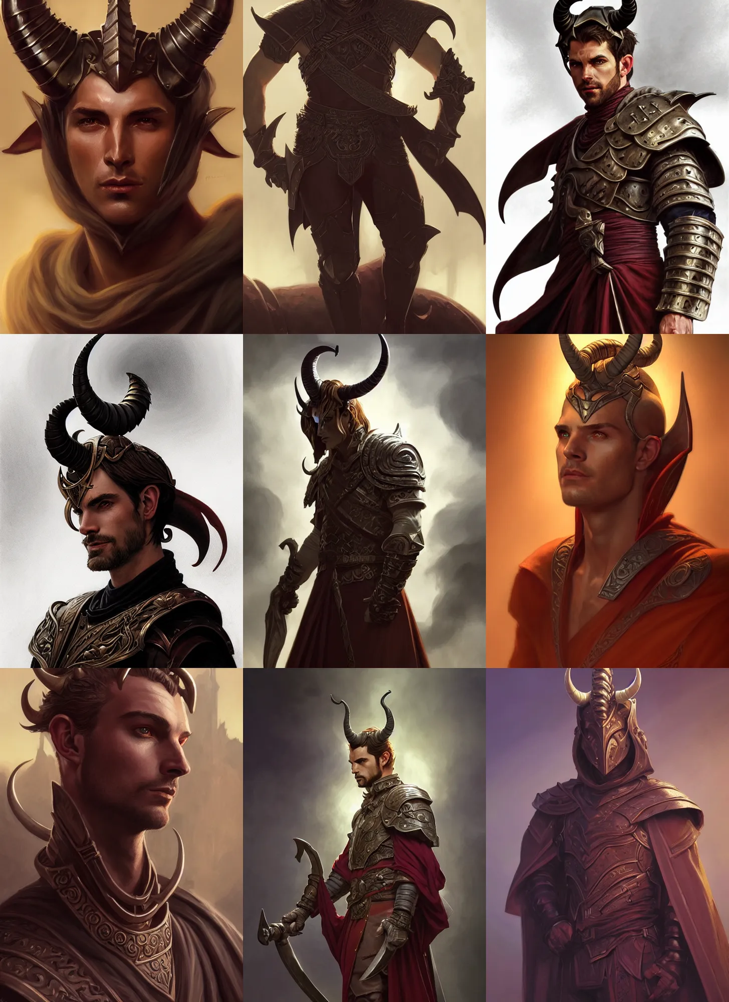 Prompt: an evocative full figure portrait of a handsome male tiefling paladin, large curved horns on head, d & d, fantasy, tone mapped, intricate, cinematic lighting, highly detailed, digital painting, artstation, concept art, smooth, sharp focus, illustration, art by terry moore and greg rutkowski and alphonse mucha