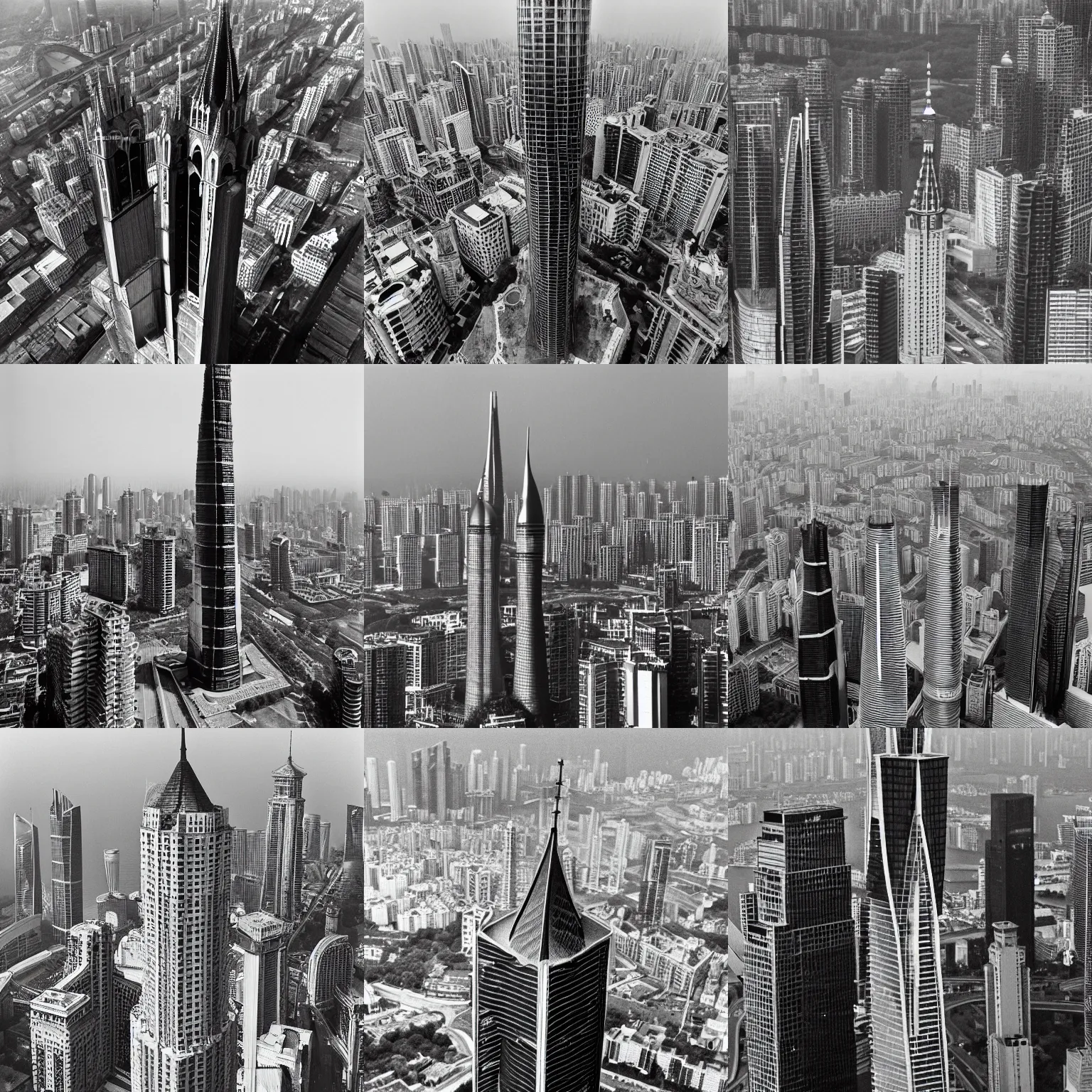 Prompt: A black and white aerial photograph of a supertall skyscraper resembling a 13th century gothic Cathedral Looms over Shanghai photographed by Bernd and Hilla Becher, hyperrealism 8k