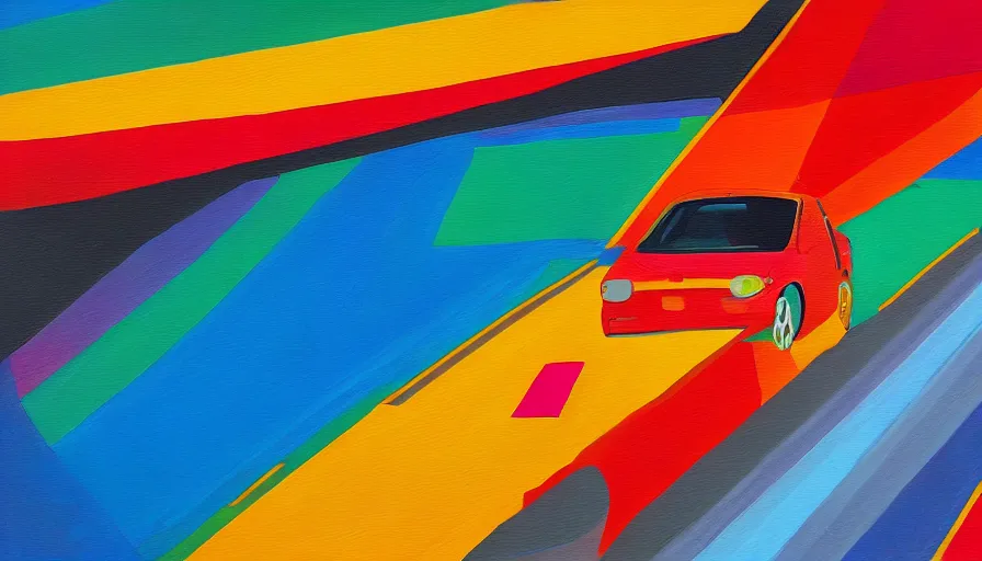 Image similar to a geometric, colourful, painting of a car driving down a highway