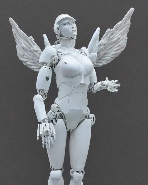 Image similar to marble sculpture of female angel with solarpunk mecha humanoid robotic parts with bright led lights, pudica pose gesture, by michelangelo, in white room, ultra - realistic and intricate, hdr 8 k