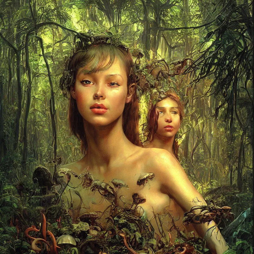 Prompt: a close - up dark sci - fi portrait of a angelic alien nymph girl overgrown with mushrooms in a jungle. reflective textures. glowing fog in the background. highly detailed science fiction painting by norman rockwell, frank frazetta, and syd mead. rich colors, high contrast, gloomy atmosphere, dark background. trending on artstation