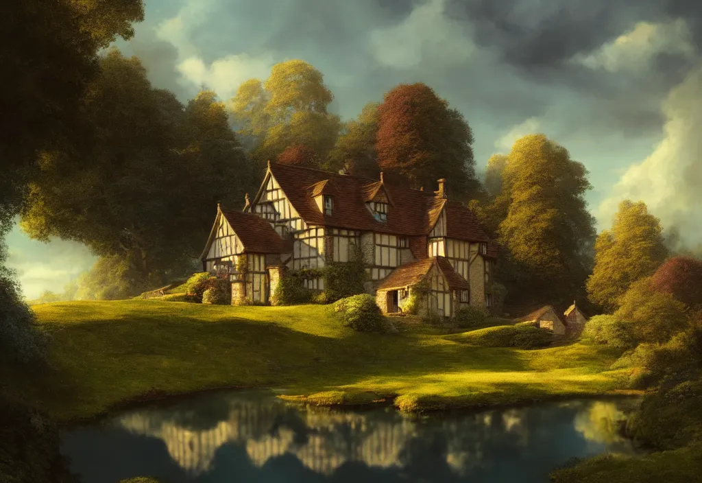 Image similar to a small tudor country house on a hillside with a pond, cinematic view, blue sky, detailed, concept art, high angle, high detail, warm lighting, volumetric, godrays, vivid, trending on artstation, by jordan grimmer, art greg rutkowski