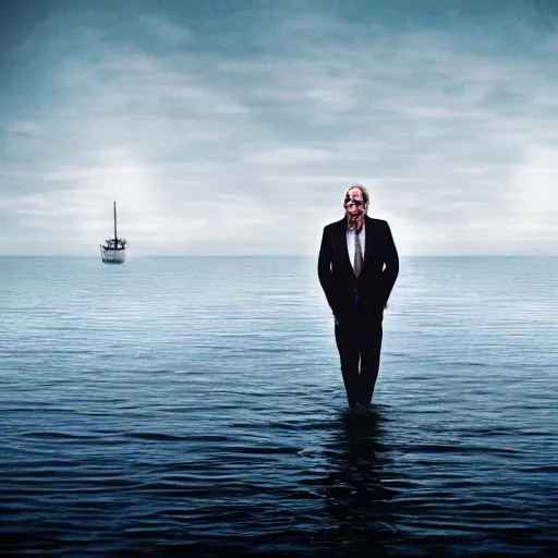 Image similar to realistic photo of a man standing in a small boat swimming in a sea of broken mirrors