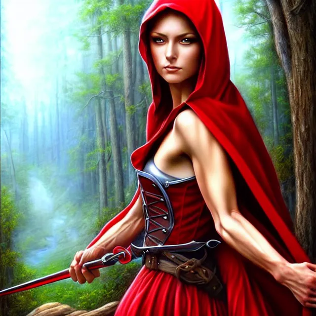Prompt: beautiful!! red riding hood warrior artgerm anne stokes highly detailed 8 k hdr smooth sharp focus high resolution award - winning photo photorealistic