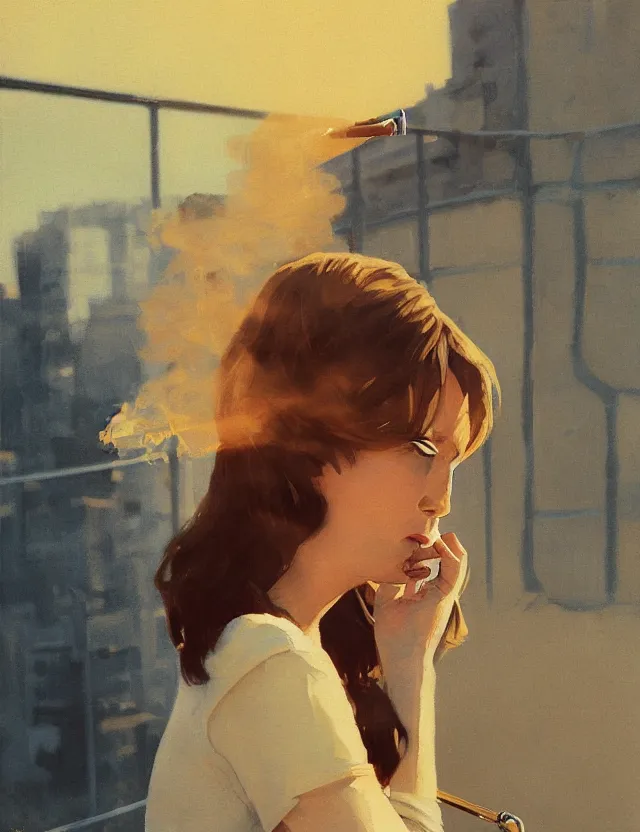 Prompt: woman smoking a cigarette sitting on a parapet, golden hour, bleach bypass, warm tones, beige colors, sunlight, digital 2 d, polaroid, high - key lighting, by lisa yuskavage, by serov valentin, by krenz cushart