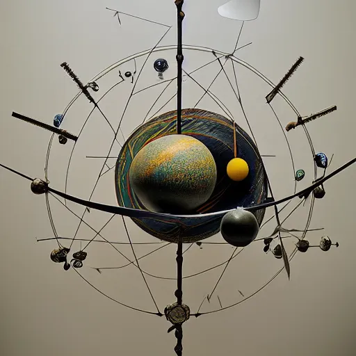 Image similar to a kinetic sculpture of this solar system, sun, orrery, canon 5 d 5 0 mm lens, papier - mache, studio, 1 9 9 9