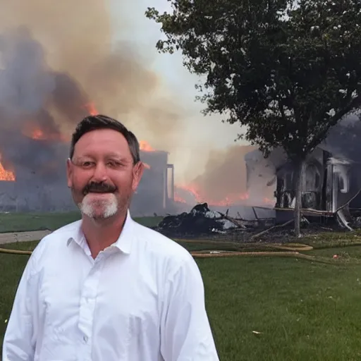 Prompt: a photo of a house burning down in the background and a man with an eerie smile in the foreground,
