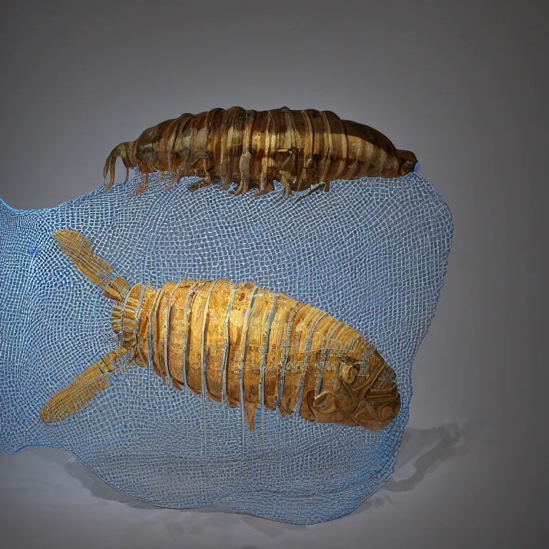 Image similar to hyperrealistic sculpture of a bronze fossilized flounder isopod in a large mesh cage made of blue nylon wire and latex on a pedestal by ron mueck and duane hanson and lee bontecou, hyperrealistic dramatic colored lighting trending on artstation 8 k