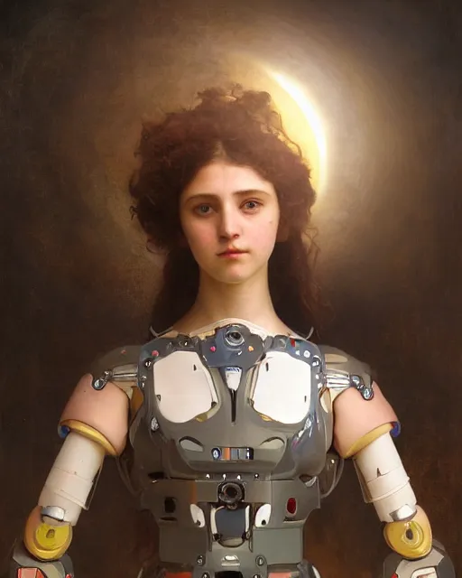 Image similar to beautiful centered fine art portrait of girl with solarpunk mecha humanoid parts with led lights, pudica pose gesture, by bouguereau, ultra - realistic and intricate, hdr 8 k