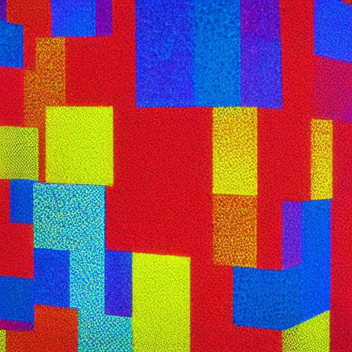 Image similar to a multicolored image of a building with a red, yellow, and blue, an abstract painting by william mossman, shutterstock contest winner, kinetic pointillism, digitally enhanced, irridescent, datamosh