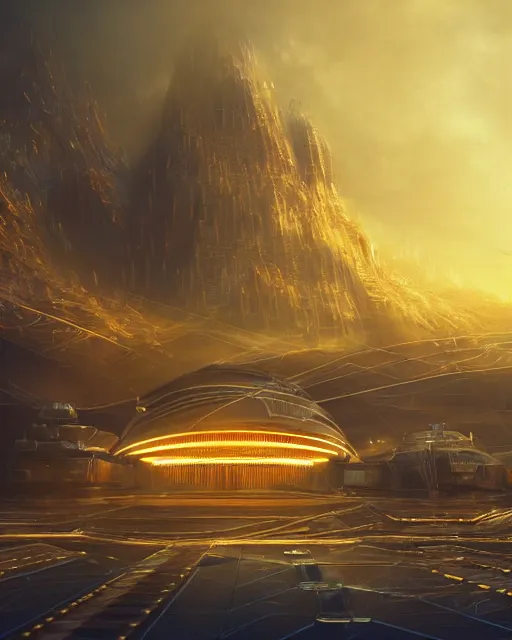 Image similar to cult of technology, exterior of scifi temple, machines, robots, ultra realistic, golden computers, highly detailed, mountains, clouds, futuristic landscape, city, atmosphere, masterpiece, epic lighting, glowing wires, mysterious, illuminated, 4 k, cinematic, art by patryk olkiewicz and chris ostrowski and liang yao