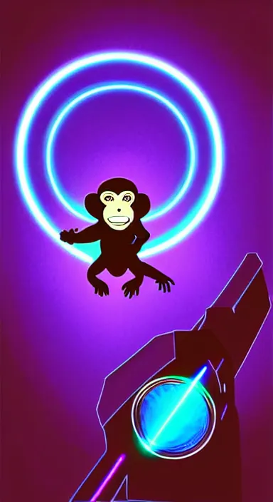 Image similar to “ small monkey with laser gun in large empty space, digital art, super aesthetic, art station children drawing style, award winning ”