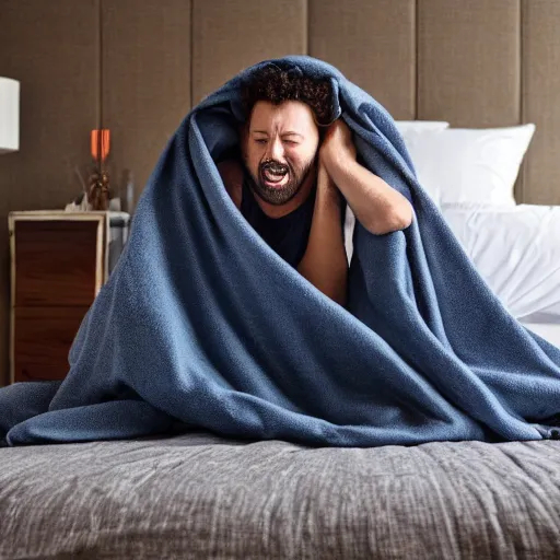 Image similar to guy under blankets listening to shitty Toto music