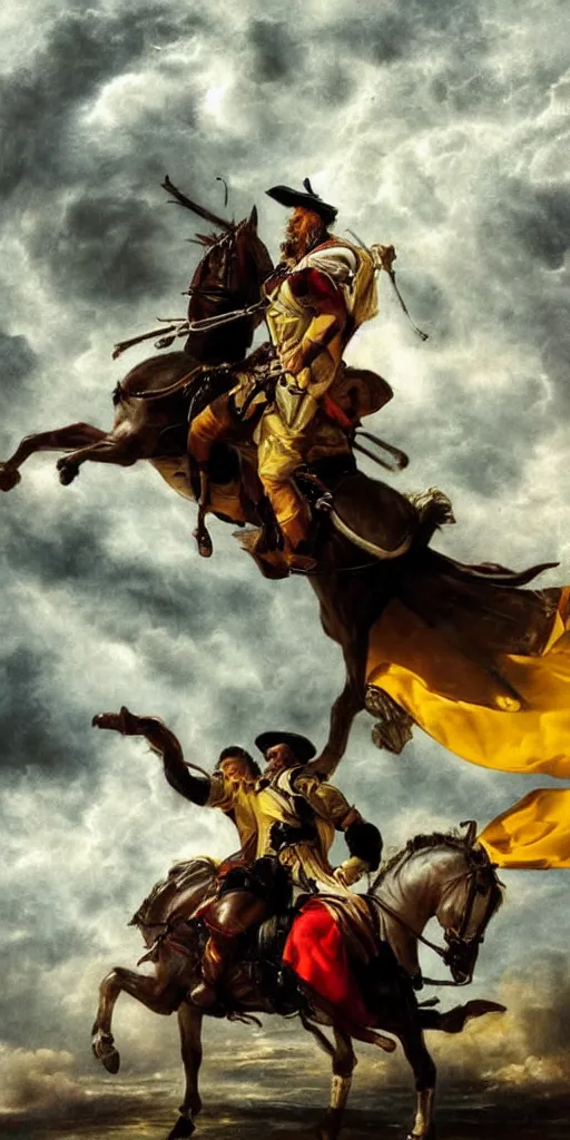 Image similar to spanish police arresting donquixote during a stormcloud with dramatic airbrushed clouds over photography realistic masterpiece