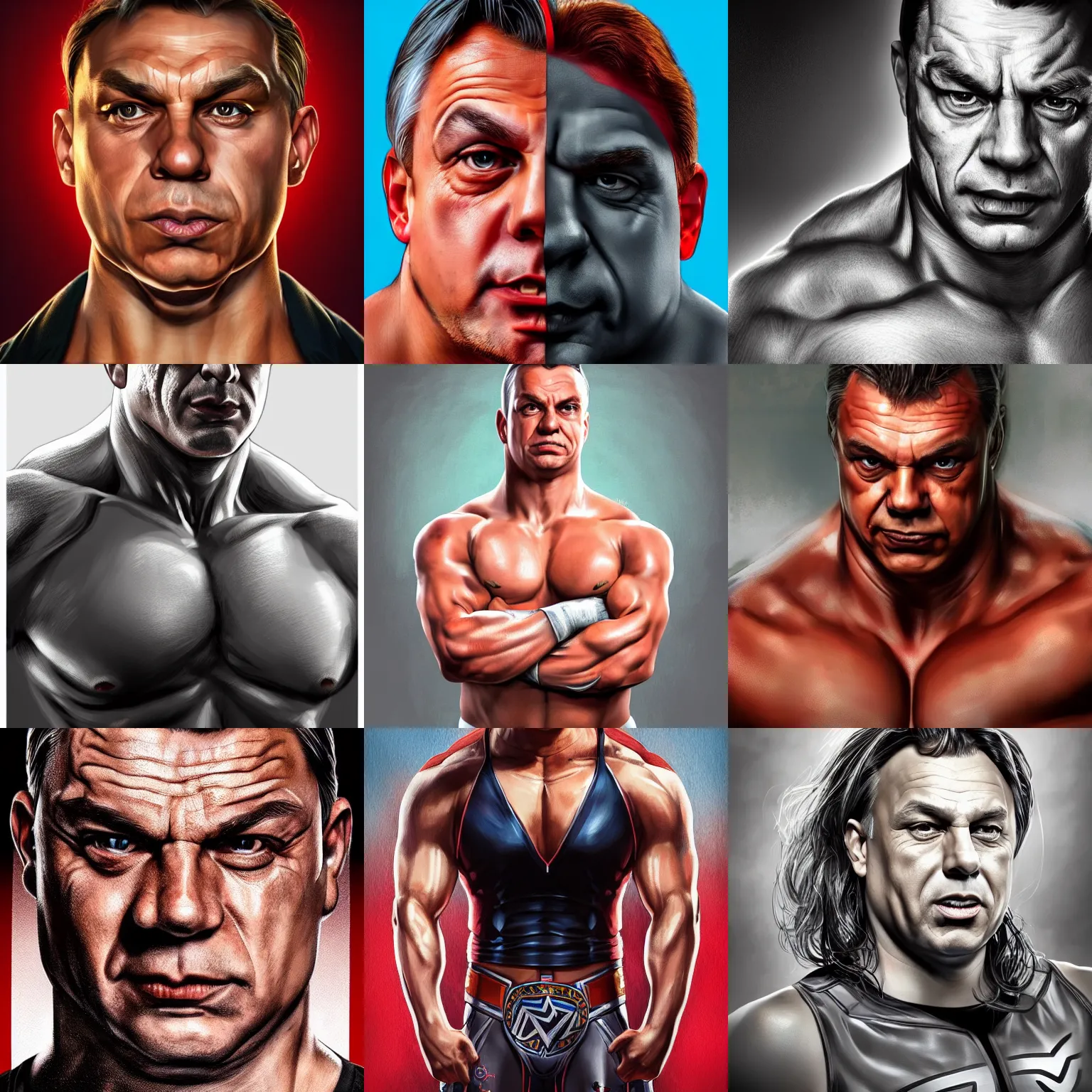 Prompt: half body portrait of hungarian prime minister viktor orban as a wwe wrestler, highly detailed illustration, digital art, cover art by artgerm, award winning, artstation, 4 k