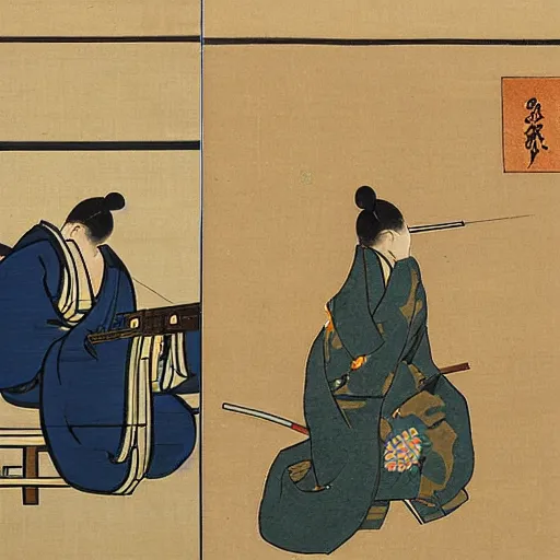 Image similar to a japanese ancient art style painting of an urban man firing a gun