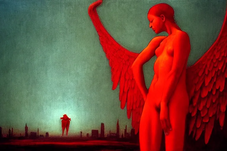 Image similar to only with red, a red angel announce the win, at the gates of a rich renaissance city. inthe background, pathos, in the style of beksinski, part by hopper, part by rodcenko, part by hofbauer, intricate composition, red by caravaggio, insanely quality, highly detailed, masterpiece, red light, artstation