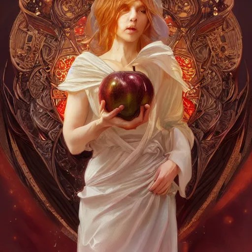 Image similar to portrait of the angel of apples, D&D, fantasy, intricate, elegant, highly detailed, digital painting, artstation, concept art, smooth, sharp focus, illustration, art by artgerm and greg rutkowski and alphonse mucha