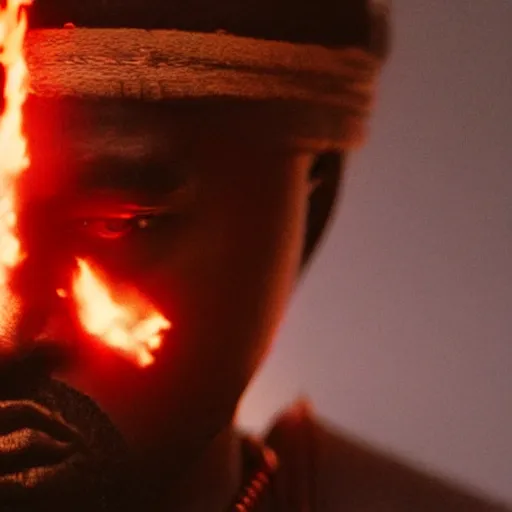 Prompt: cinematic film still of Kanye West starring as a Samurai holding fire, Japanese CGI, VFX, 2022, 40mm lens, shallow depth of field, film photography