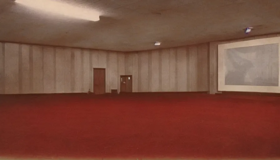 Image similar to 70s movie still of a man with very very long arms in an empty soviet ballroom, eastmancolor, heavy grain, high quality, higly detailed, liminal space