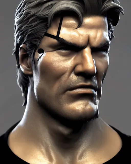 Prompt: solid snake bust portrait, cinematic lighting, backlit face, tired expression, close - up, black atmospheric background, 4 k ultra detailed photorealistic render, best of artstation hdr, official artwork hdr, redshift houdini