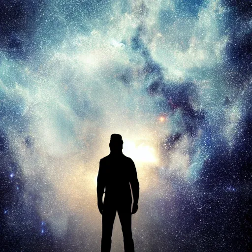 Image similar to silhouette of man, filled with deep space field of twinkling stars, award-winning portrait, fantasy horror, 8k, 4k, , matte finish, pixiv, unnerving, volumetric lighting, highly detailed