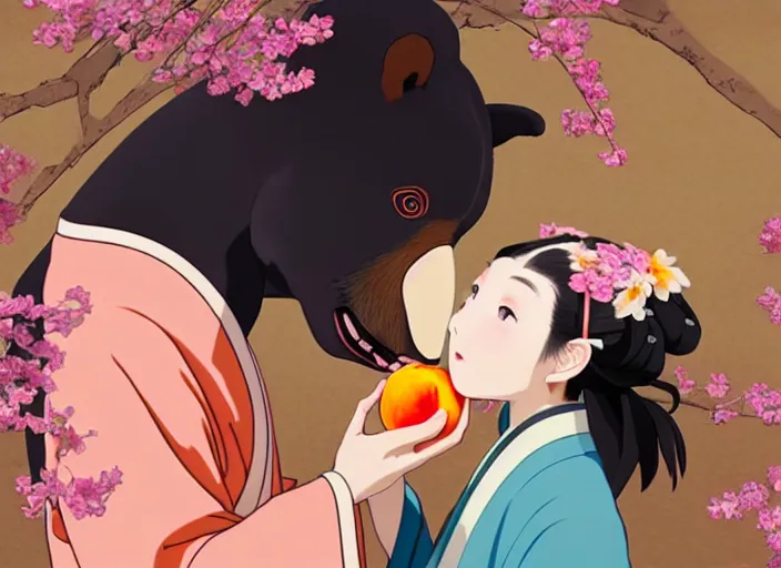 Image similar to digital painting of a girl wearing a kimono giving a peach to a large anthropomorphic asian black bear, featured in artstation, artgerm, octane render, award winning, cinematic, elegant, intricate, 8 k, close up, in the style of studio ghibli and heikala and alphonse mucha,