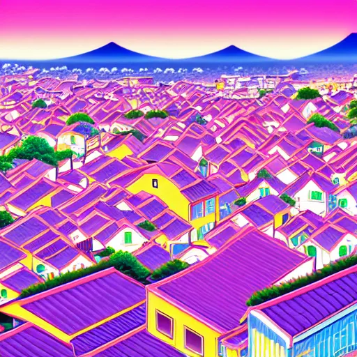 Prompt: A japanese town with pink sky, cozy town, anime wallpaper, Hirohiko Araki, Hirohiko Araki artwork, araki art, 4K