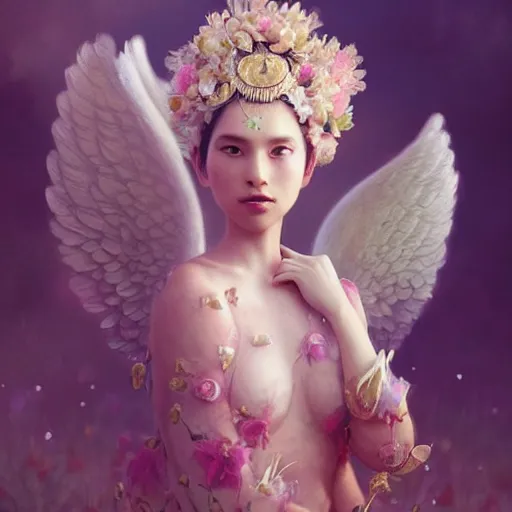 Image similar to expressive full body photo, of beautiful angel, smooth glowing skin, ornate headpiece made from pink flowers, glamour shot, by yoshitaka amano, by greg rutkowski, by jeremyg lipkinng, by artgerm, digital art, octane render