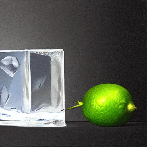 Prompt: award winning ultra - realistic!!! painting of an ice cube starting to melt next to a lime wedge, black background!!!