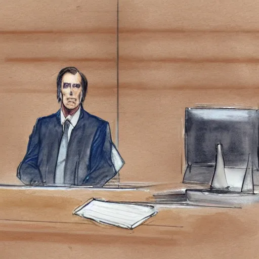 Prompt: saul goodman on trial in courtroom, courtroom sketch, ink and watercolor, judge, courtroom, concept art, deep illustration, cinematic lighting, perfect composition,