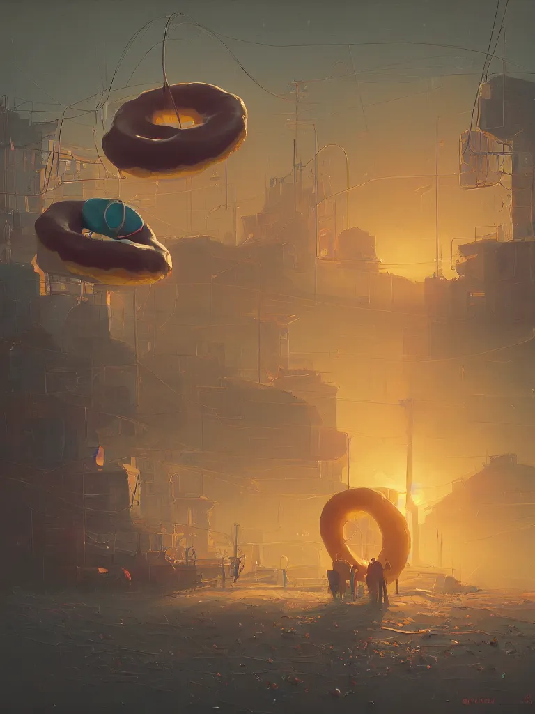 Image similar to a donut in a painting from stalenhag, 4 k, 8 k, hdr, artstation, concept art