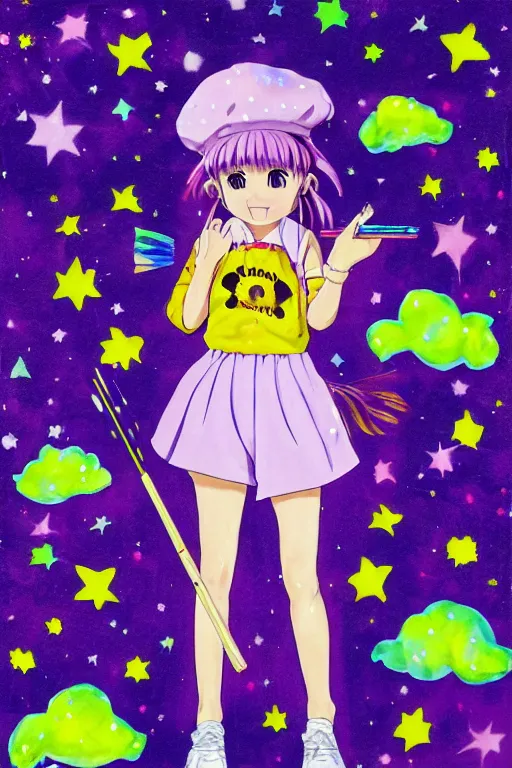 Image similar to Full body anime painting of a happy teenage girl holding a paintbrush with short blond hair and freckles wearing an oversized purple Beret, Purple overall shorts, jester shoes, and white leggings covered in stars. Surrounded by clouds and the night sky. Rainbow accents on outfit. Soft Lighting. By Rumiko Takahashi. By Naoko Takeuchi. By CLAMP. By WLOP.
