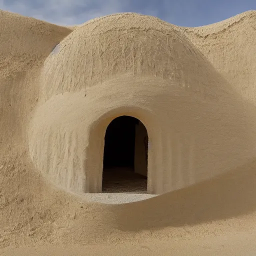 Prompt: hollow sand building with windows and a glass sky