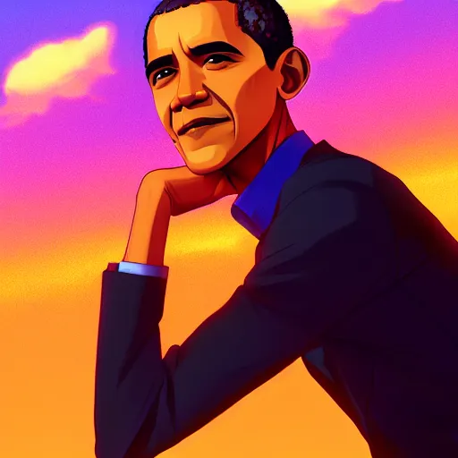 Prompt: portrait of barack obama, sunset background, rich vivid colors, ambient lighting, dynamic lighting, 4k, official media, anime key visual, makoto shinkai, ilya kuvshinov, lois van baarle, rossdraws, detailed, trending on artstation