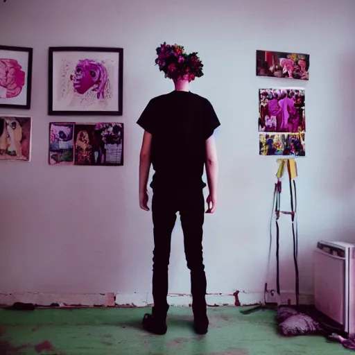 Prompt: kodak portra 4 0 0 photograph of a skinny goth guy standing in a cluttered bedroom, back view, flower crown, moody lighting, telephoto, 9 0 s vibe, blurry background, vaporwave colors, faded!,